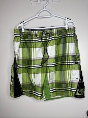 Point Zero Men's Green Plaid Swim Trunks XL